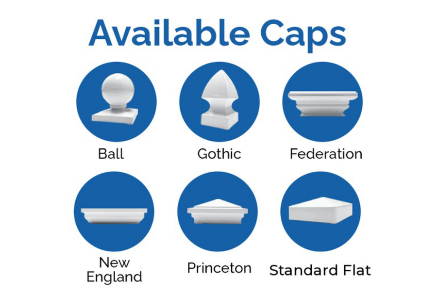 The six available post cap styles: Ball, Gothic, Federation, New England, Princeton, and Standard Flat