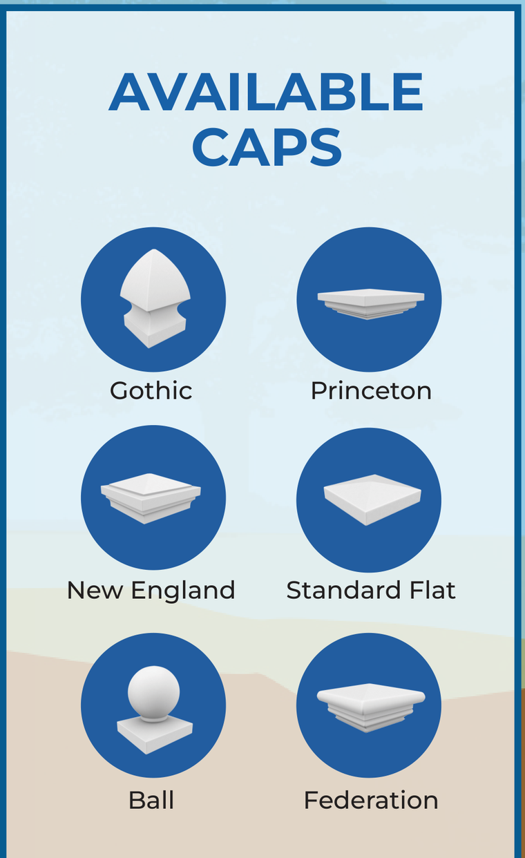 The six available post cap styles: Gothic, Princeton, New England, Standard Flat, Ball, and Federation